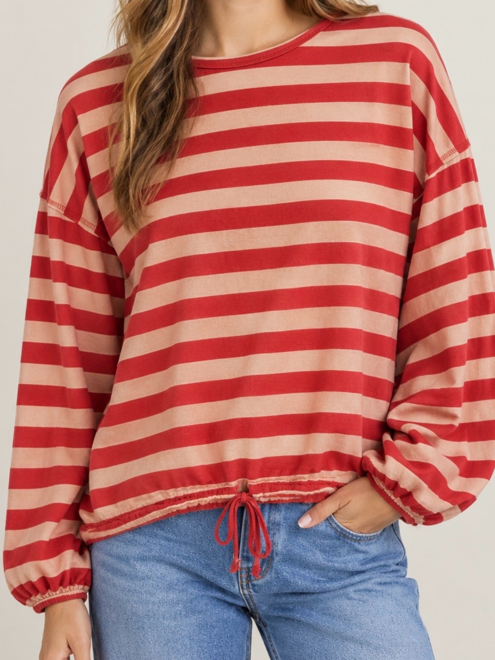 Easel Striped Long Sleeve Cotton Top Red Tan Size Medium Casual Coastal